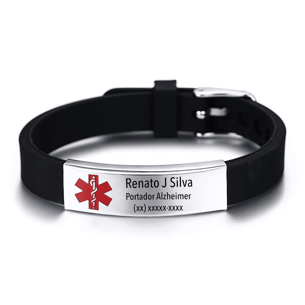 Pulseira Identificação e Emergência Adulta  – Silicone Soft e Aço Inox - Fino Brilho